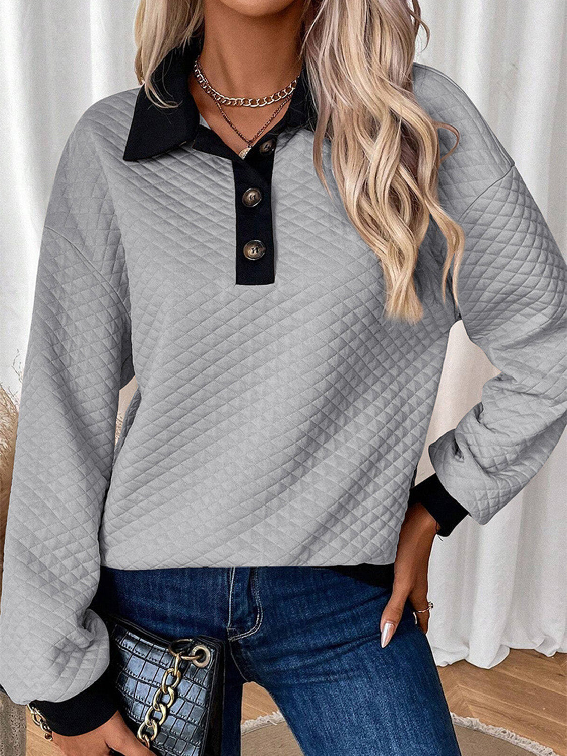 Texture Quarter Button Long Sleeve Sweatshirt - Charming Charlie