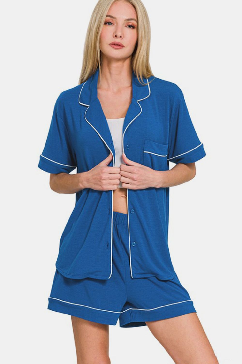 Zenana Button Down Short Sleeve Top and Shorts Lounge Set - Charming Charlie