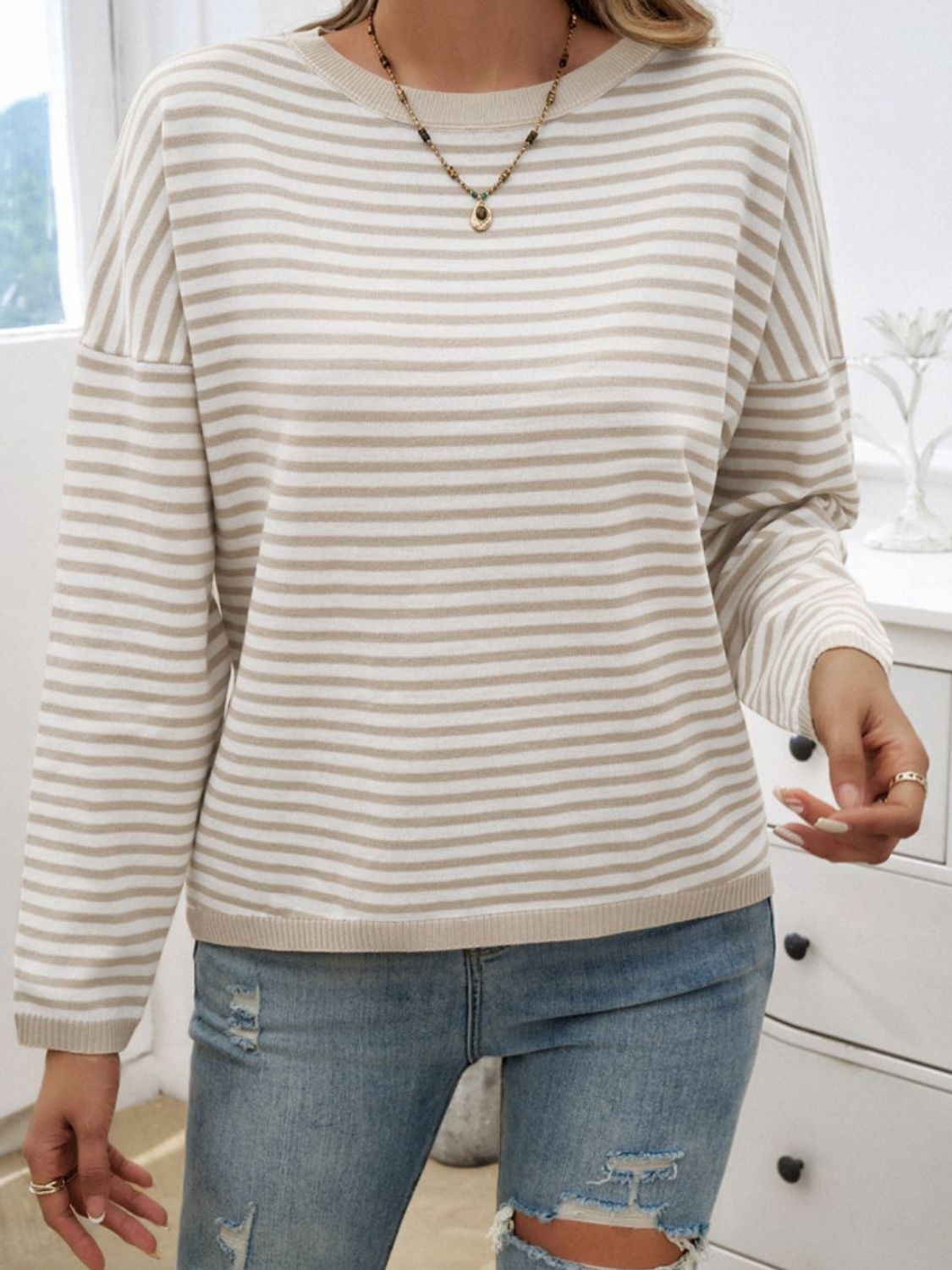 Striped Round Neck Dropped Shoulder Sweater - Charming Charlie