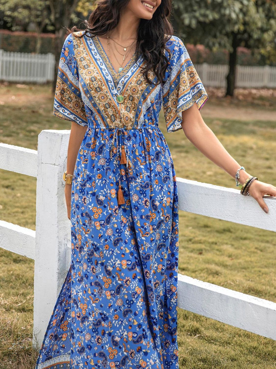 Charming V-neck Cap Sleeves Open Back Maxi Dresses with Slit Periwinkle