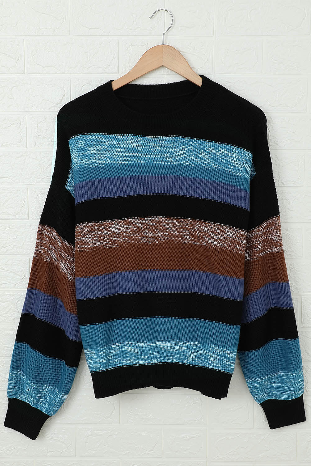 Contrast Striped Round Neck Drop Shoulder Sweater - Charming Charlie