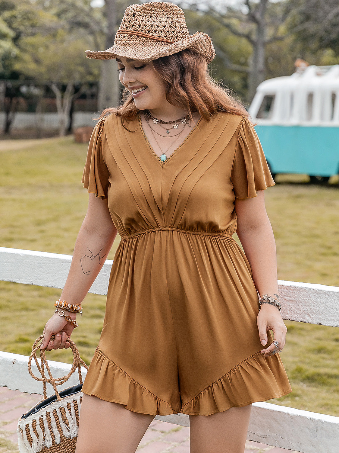 Plus Size Ruffled V-Neck Short Sleeve Romper - Charming Charlie