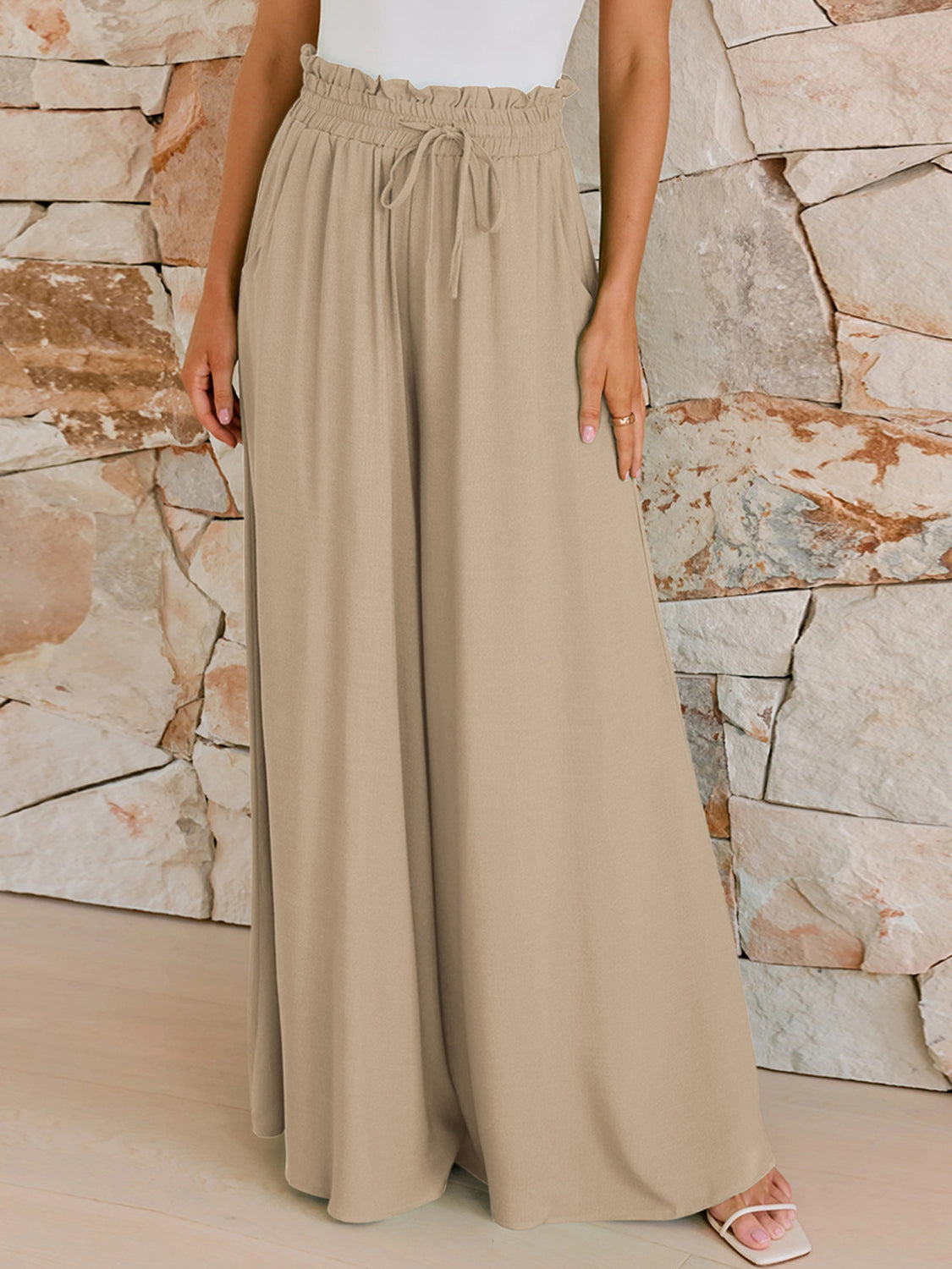 Drawstring Wide Leg Pants with Pockets - Charming Charlie