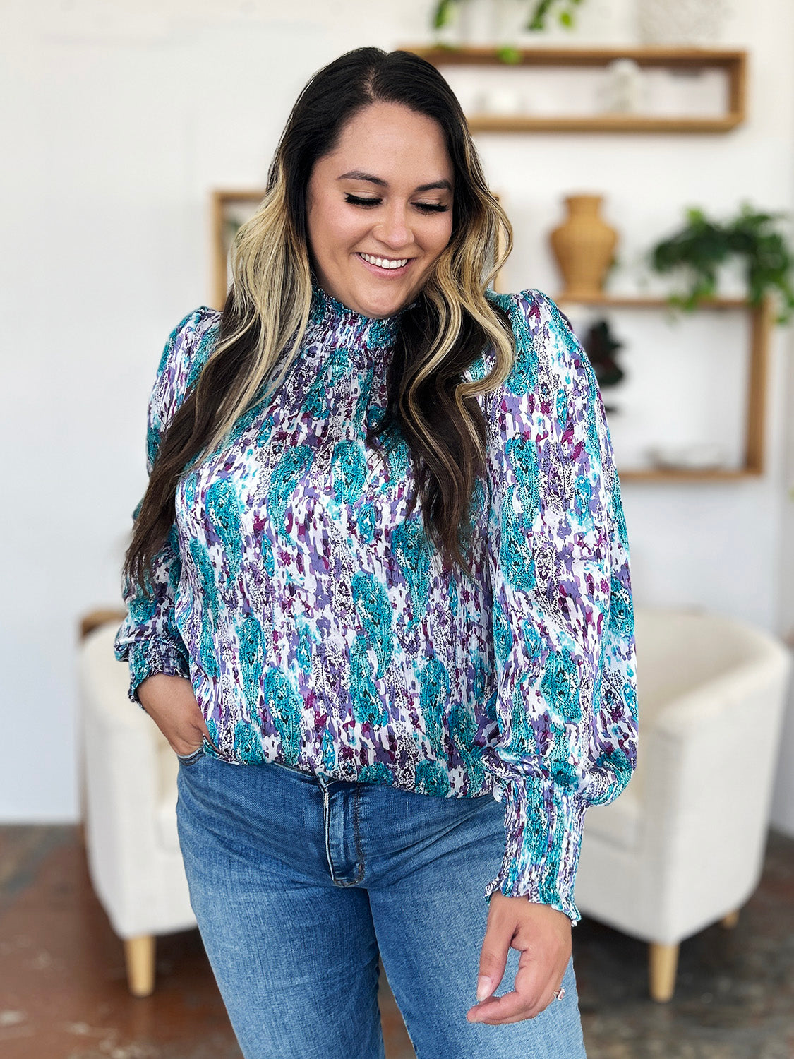 Double Take Full Size Printed Smocked Long Sleeve Blouse - Charming Charlie
