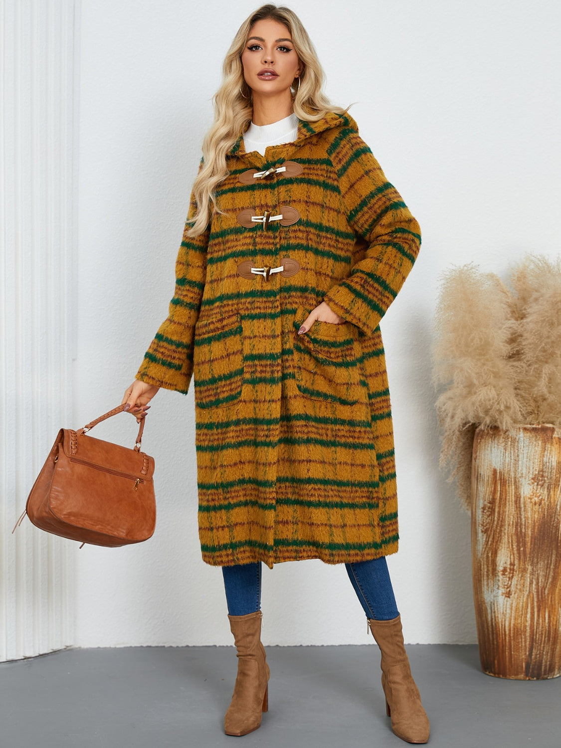 Plaid Long Sleeve Hooded Coat with Pockets - Charming Charlie