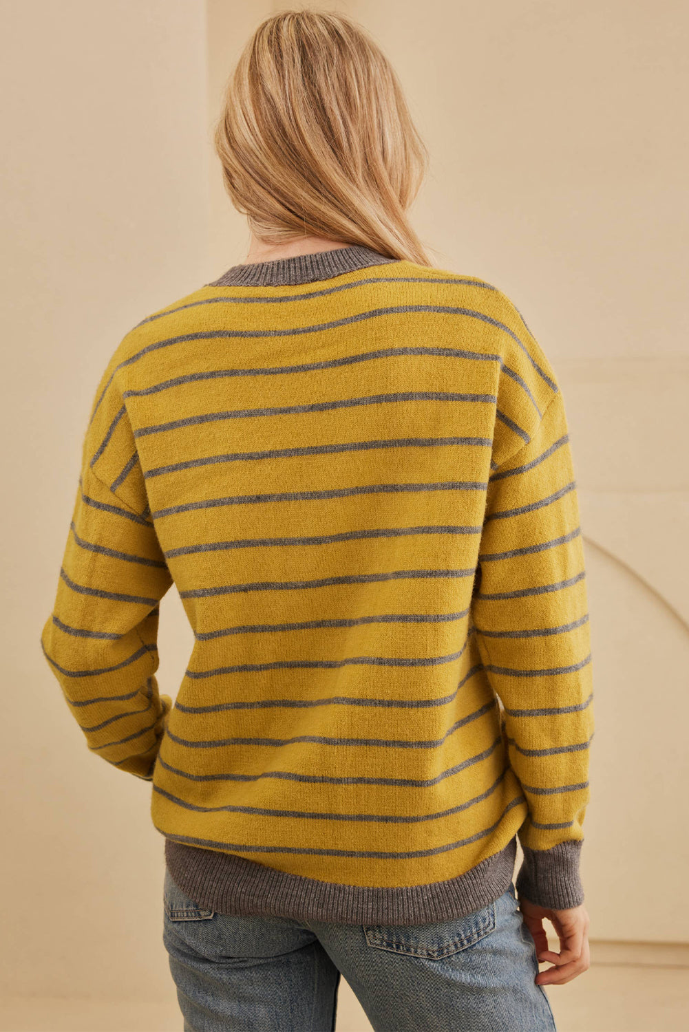 Flower Stripe Round Neck Long Sleeve Sweater - Charming Charlie