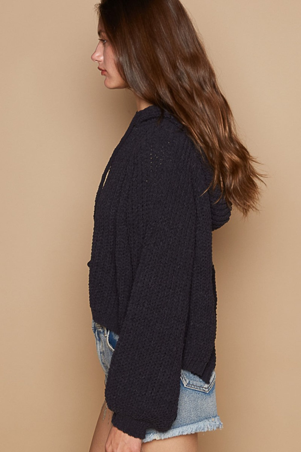 POL Back Open Slit Balloon Sleeve Crop Hooded Sweater - Charming Charlie