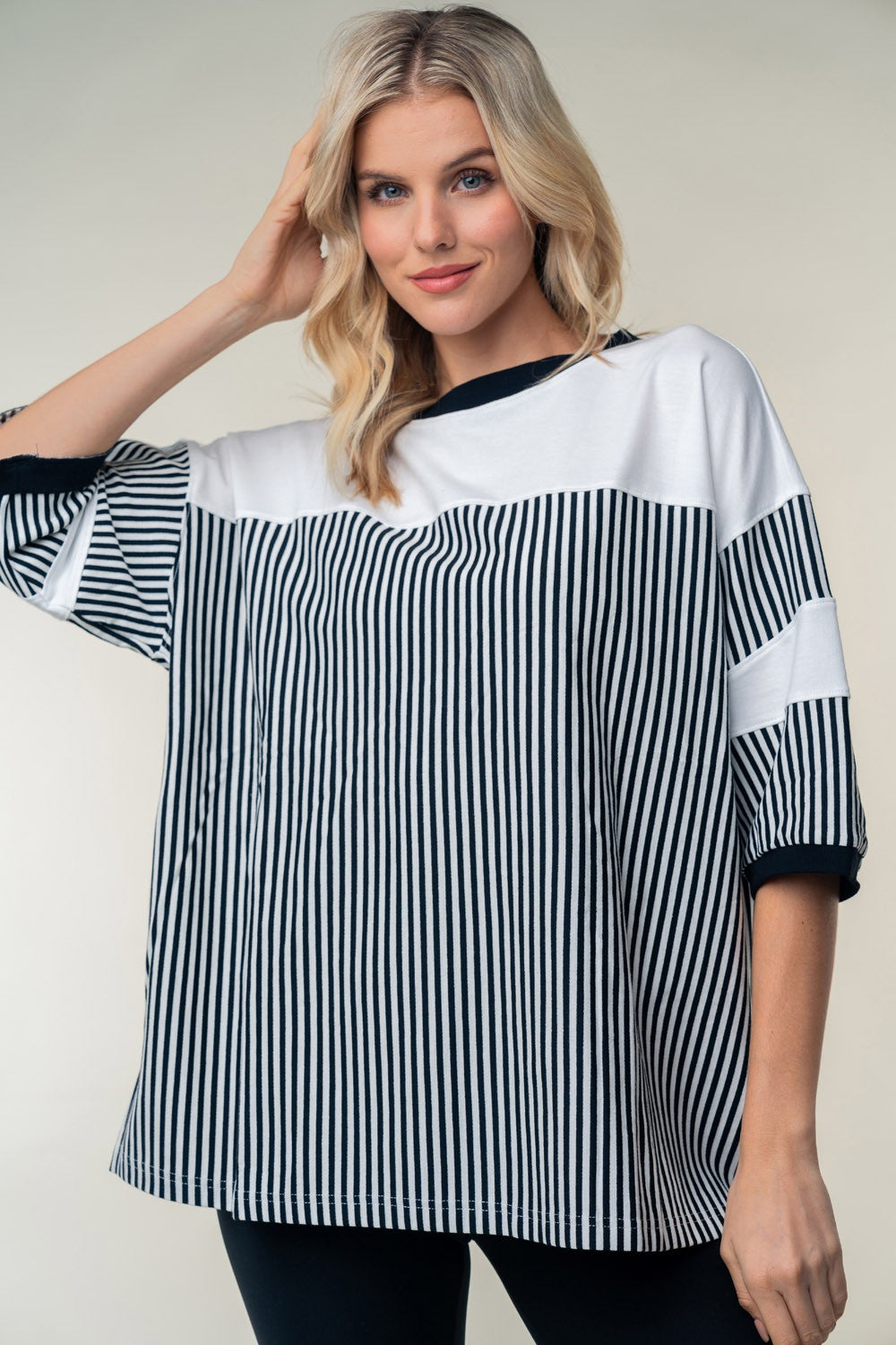 White Birch Full Size Striped Contrast Round Neck Top - Charming Charlie
