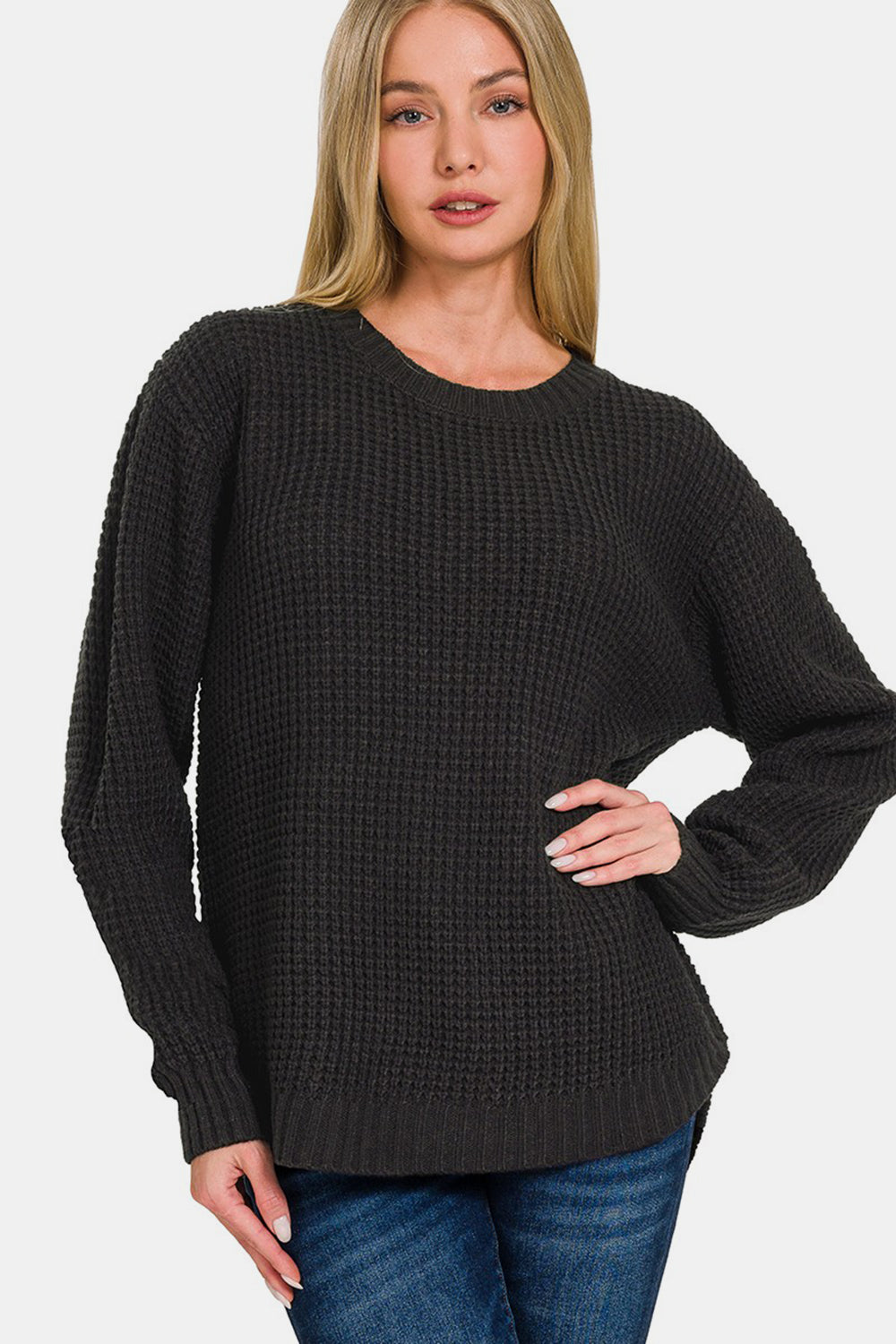Zenana High Low Long Sleeve Waffle Sweater - Charming Charlie