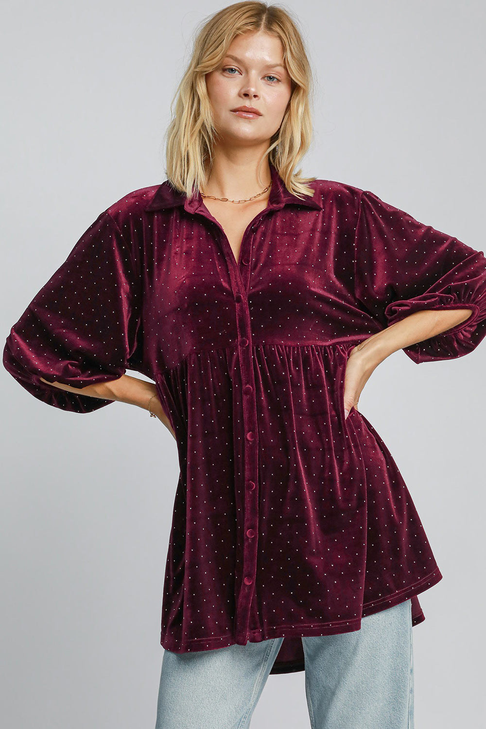Umgee Full Size Polka Dot Button Up Half Sleeve Shirt - Charming Charlie