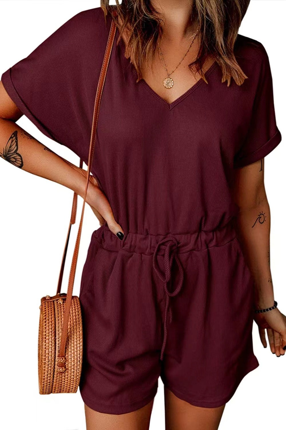 Full Size Drawstring V-Neck Short Sleeve Romper - Charming Charlie