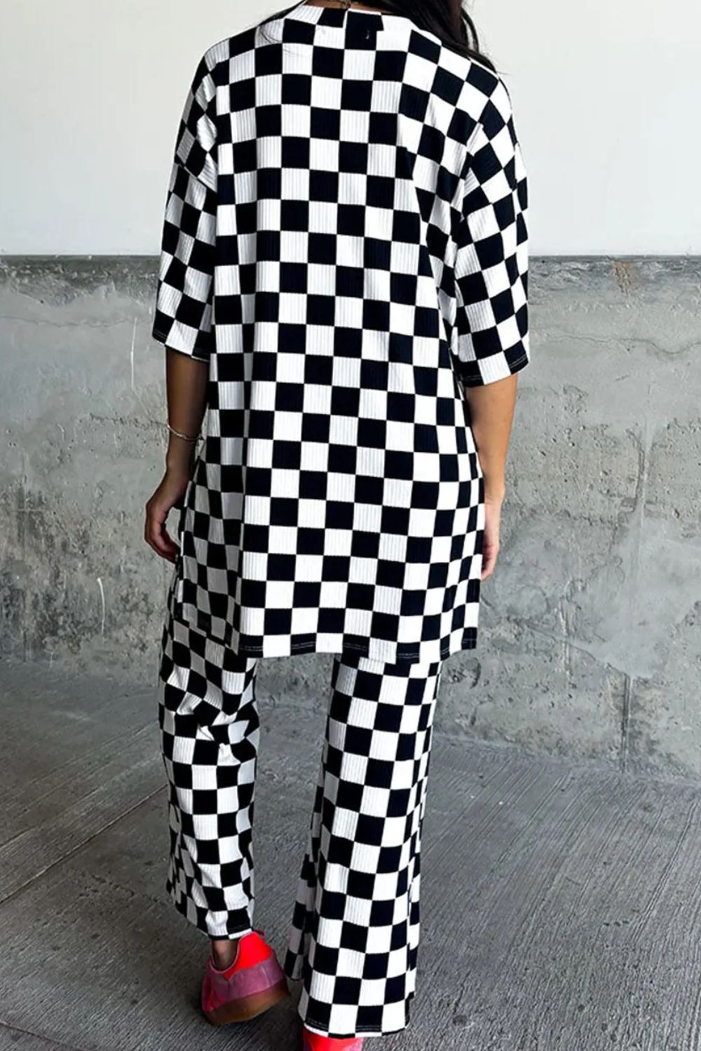 Checkered Round Neck Half Sleeve Top and Pants Set - Charming Charlie