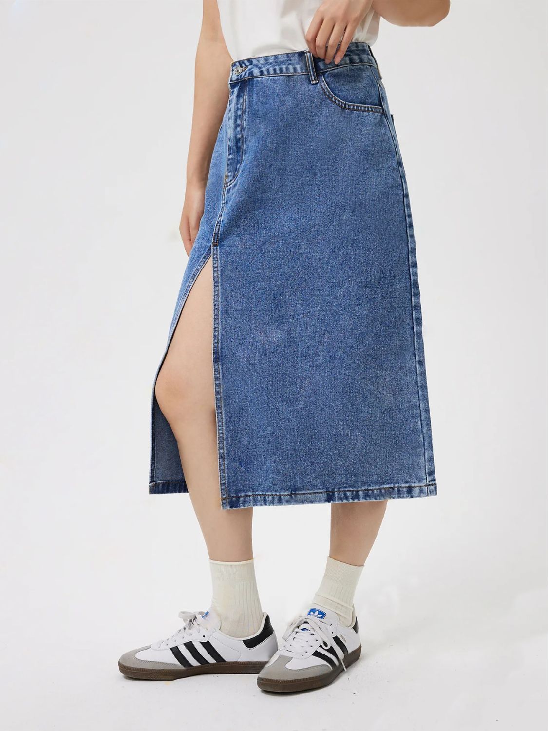 Slit Midi Denim Skirt with Pockets - Charming Charlie