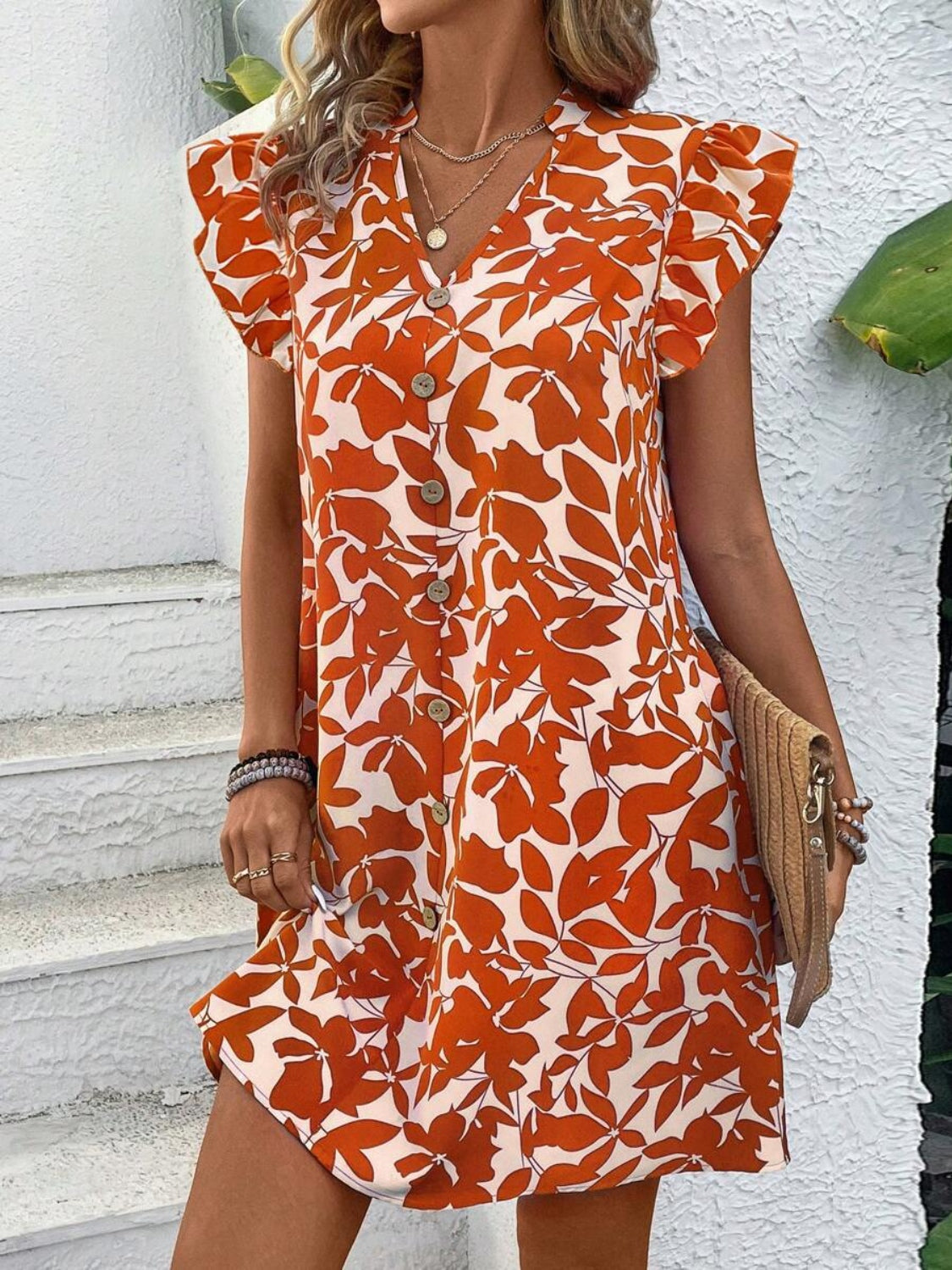 Printed Notched Cap Sleeve Mini Dress - Charming Charlie