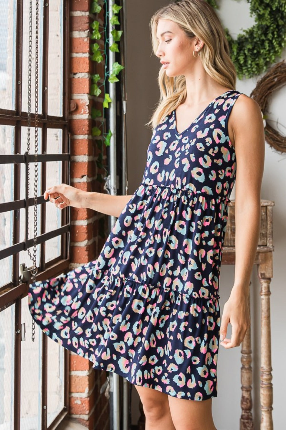 Heimish Full Size Leopard V-Neck Ruffled Tank Dress - Charming Charlie
