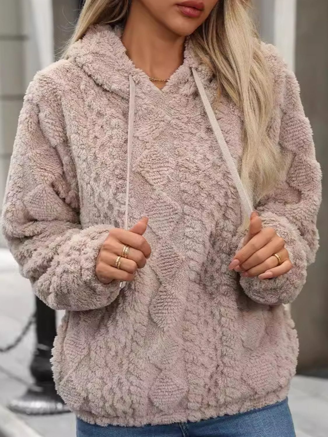 Drawstring Long Sleeve Plush Hoodie - Charming Charlie