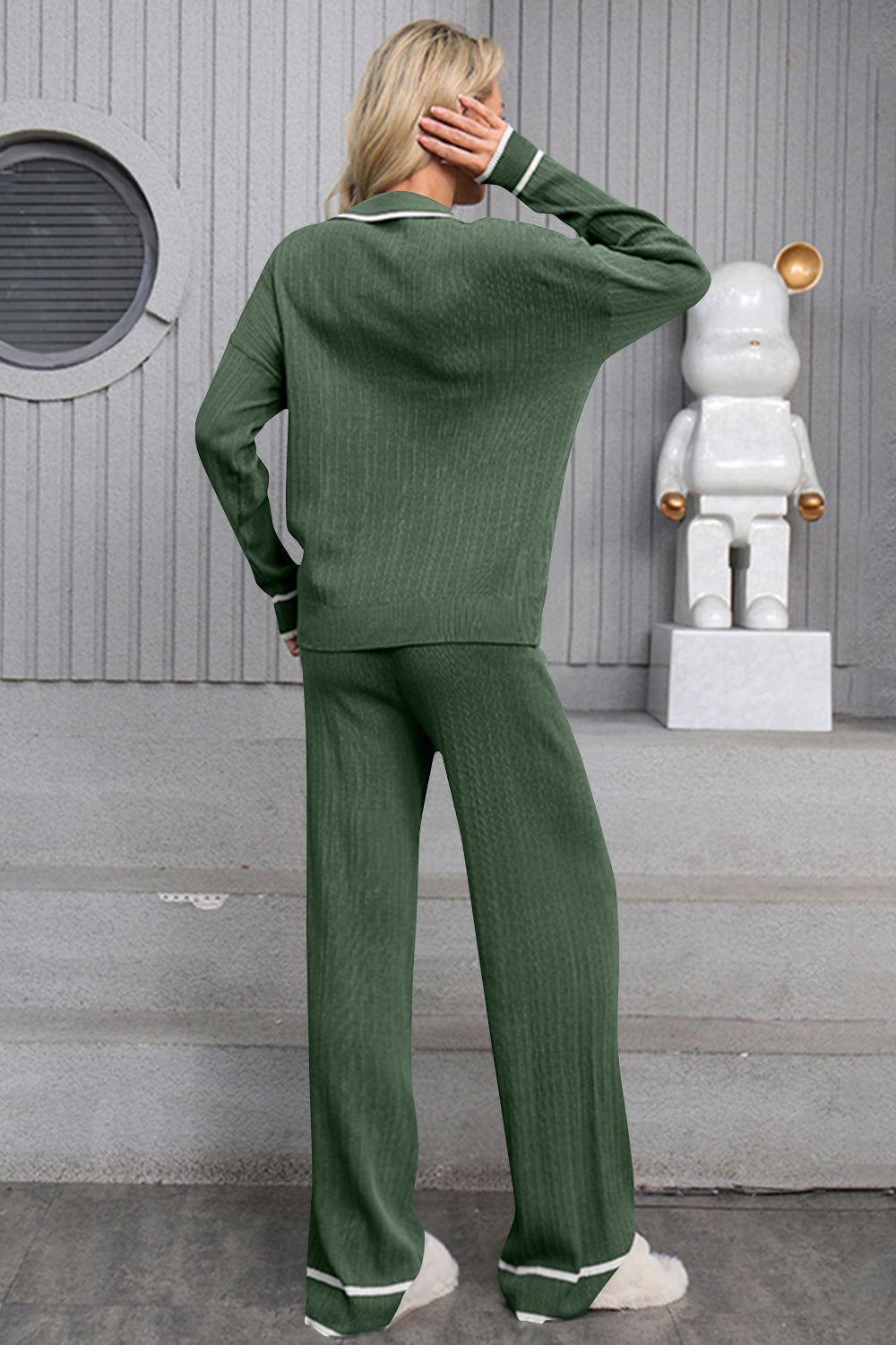 Contrast Trim Johnny Collar Top and Drawstring Pants Sweater Set - Charming Charlie