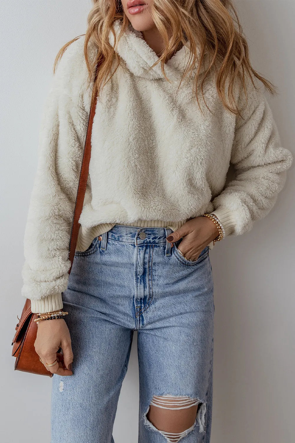 Fuzzy Dropped Shoulder Long Sleeve Hoodie - Charming Charlie