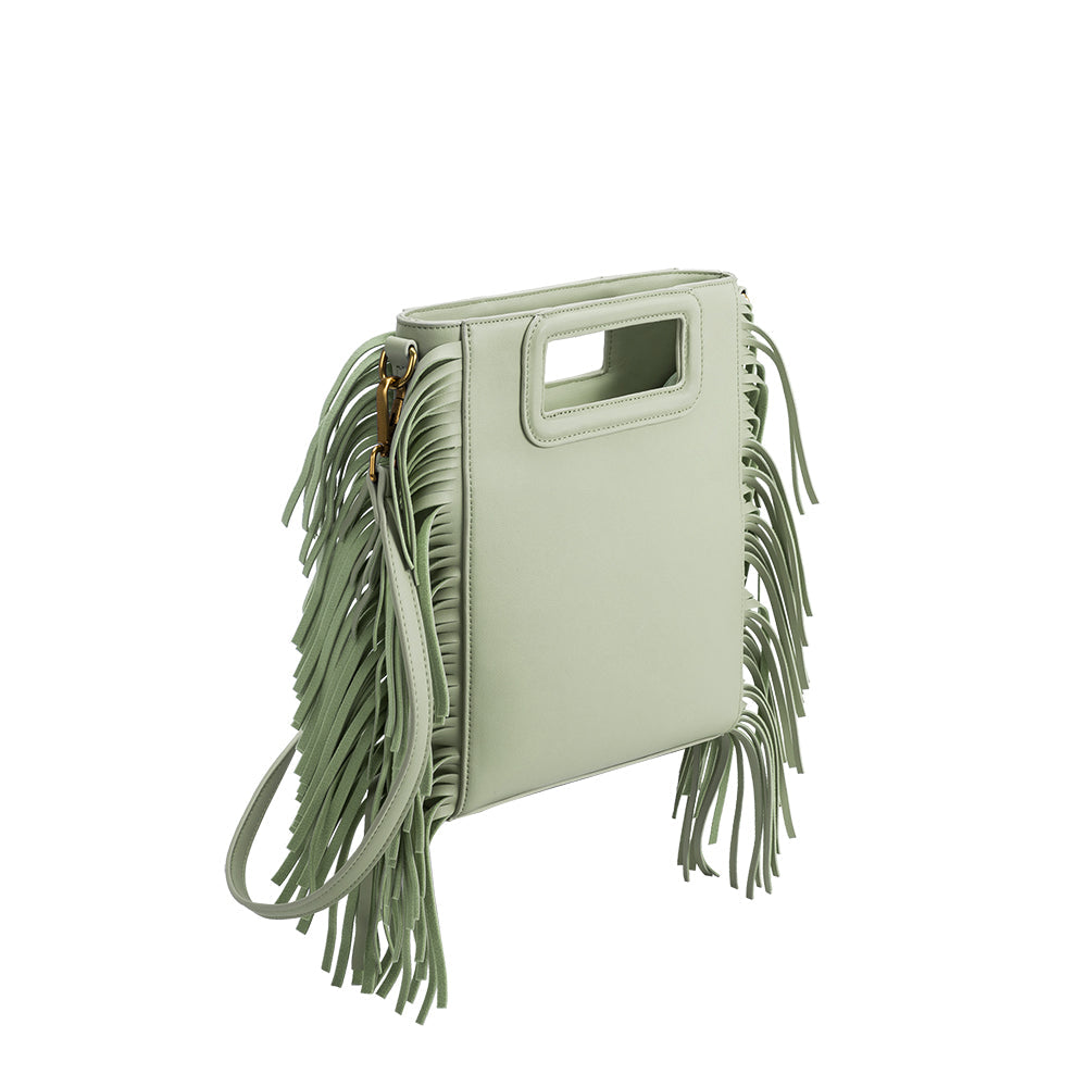 A square structured vegan leather crossbody bag with fringe on the side.