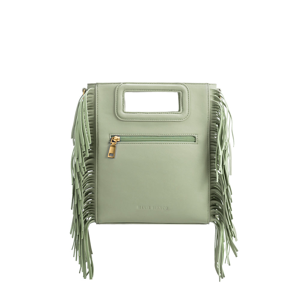 A square structured mint vegan leather crossbody bag with fringe on the side.