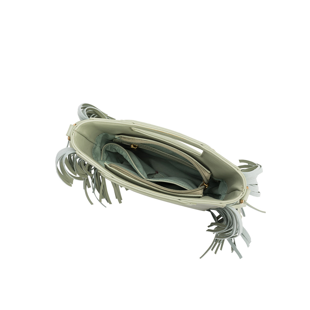 A square structured mint vegan leather crossbody bag with fringe on the side.