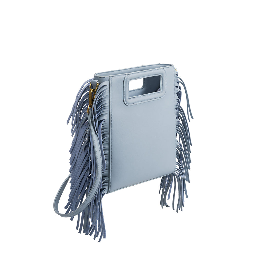 A square structure sky vegan leather crossbody bag with fringe on the side.