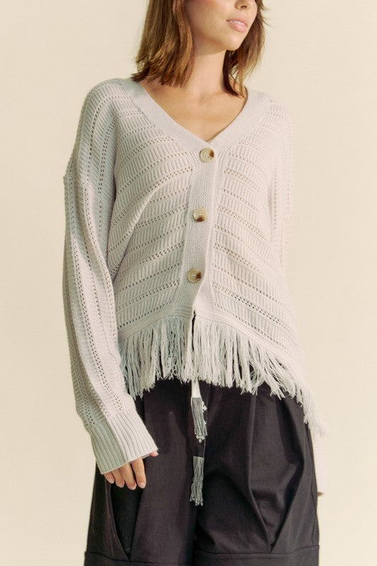 Davi & Dani Fringe V-Neck Button Up Long Sleeve Cardigan - Charming Charlie