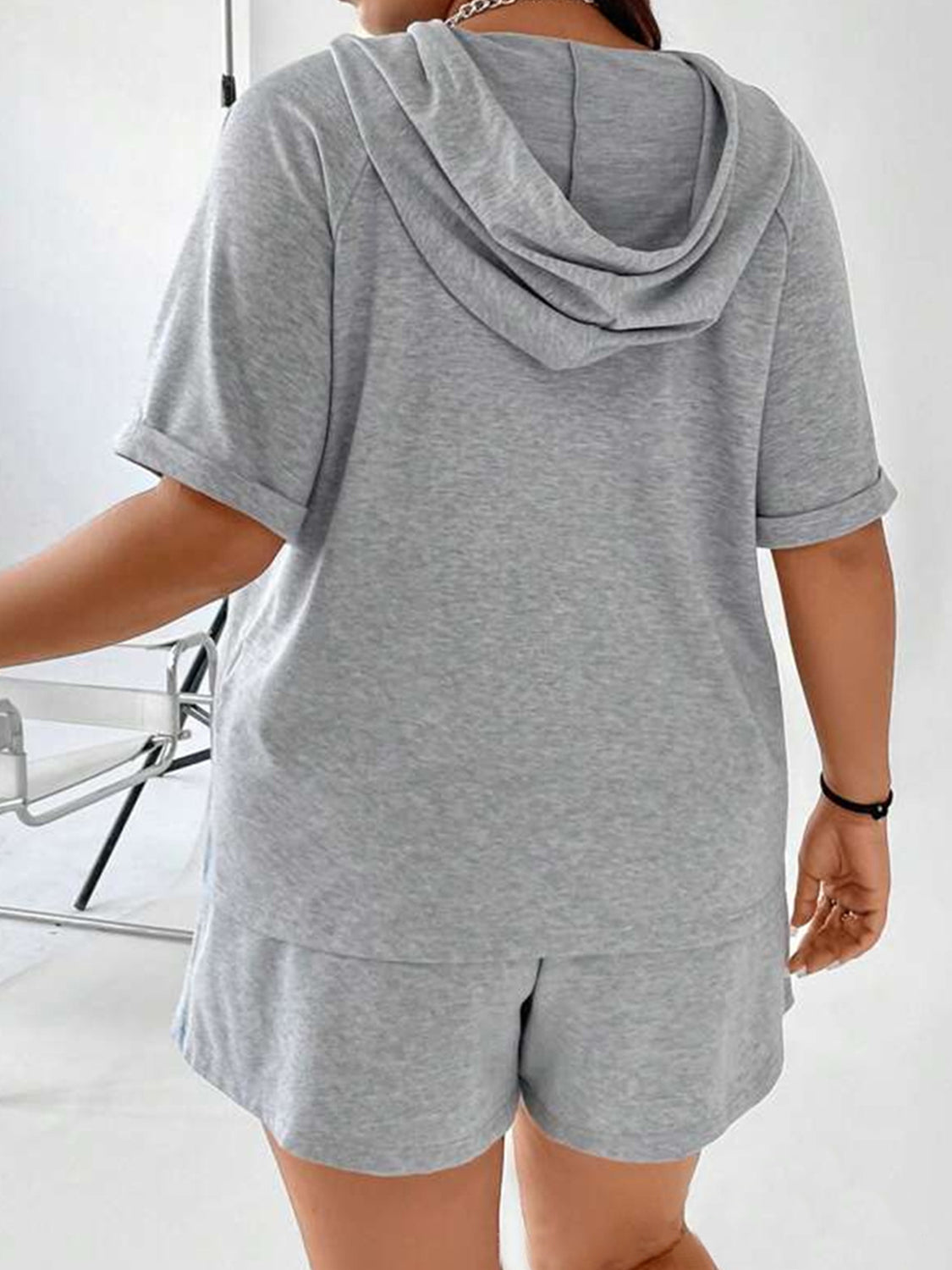 Full Size Drawstring Half Zip Hooded Top and Shorts Set Plus Size - Charming Charlie