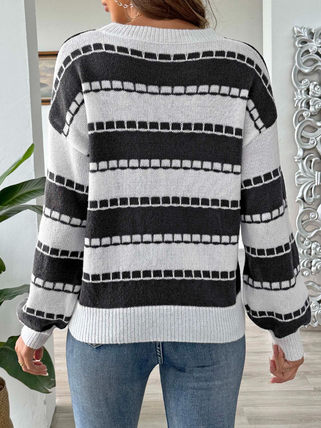 Striped Round Neck Long Sleeve Sweater - Charming Charlie