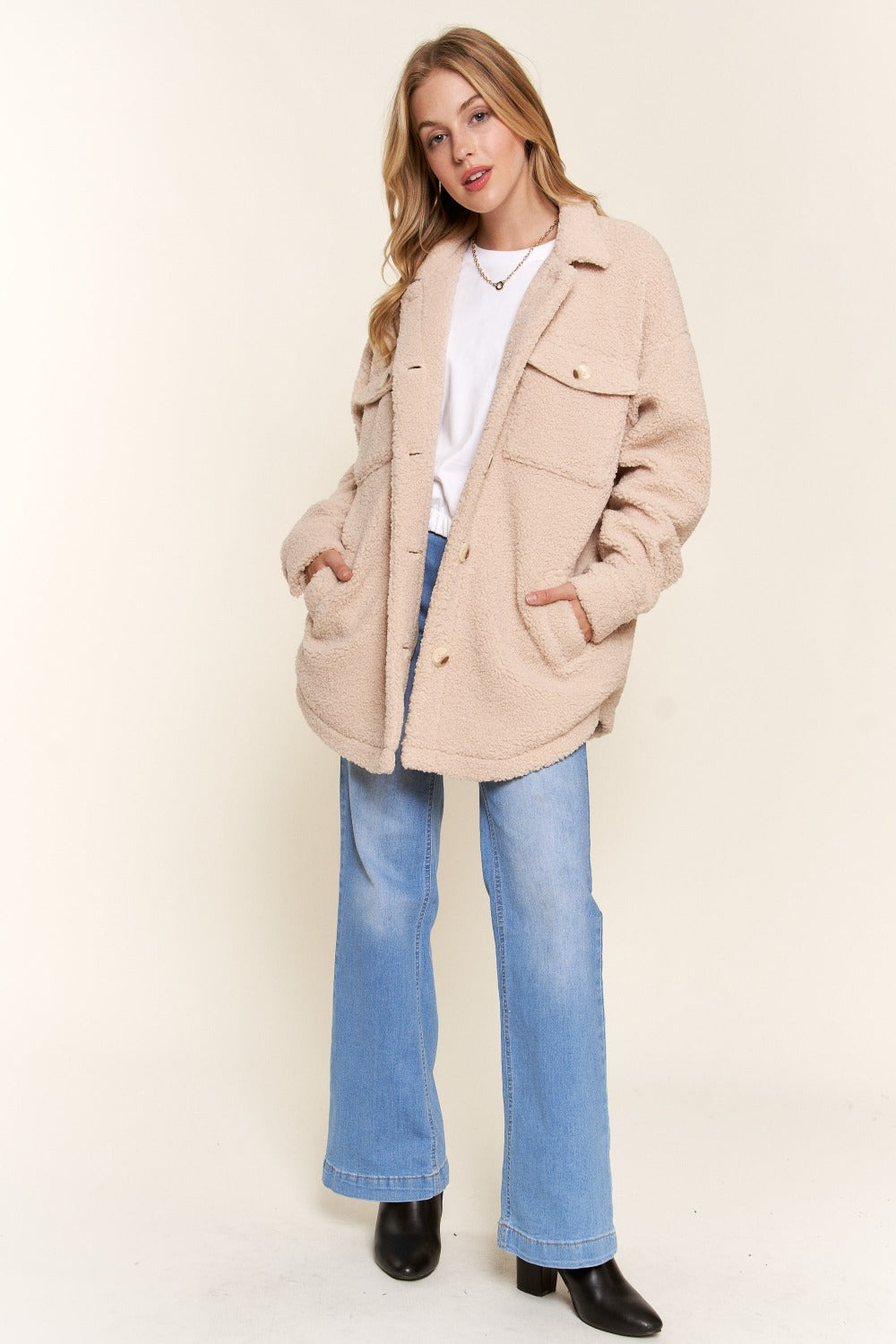 And The Why Teddy Sherpa Button Down Curved Hem Shacket - Charming Charlie