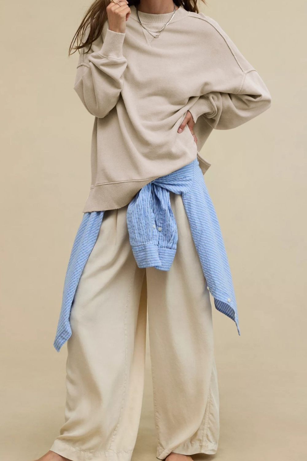 Side Slit Round Neck Long Sleeve Sweatshirt - Charming Charlie