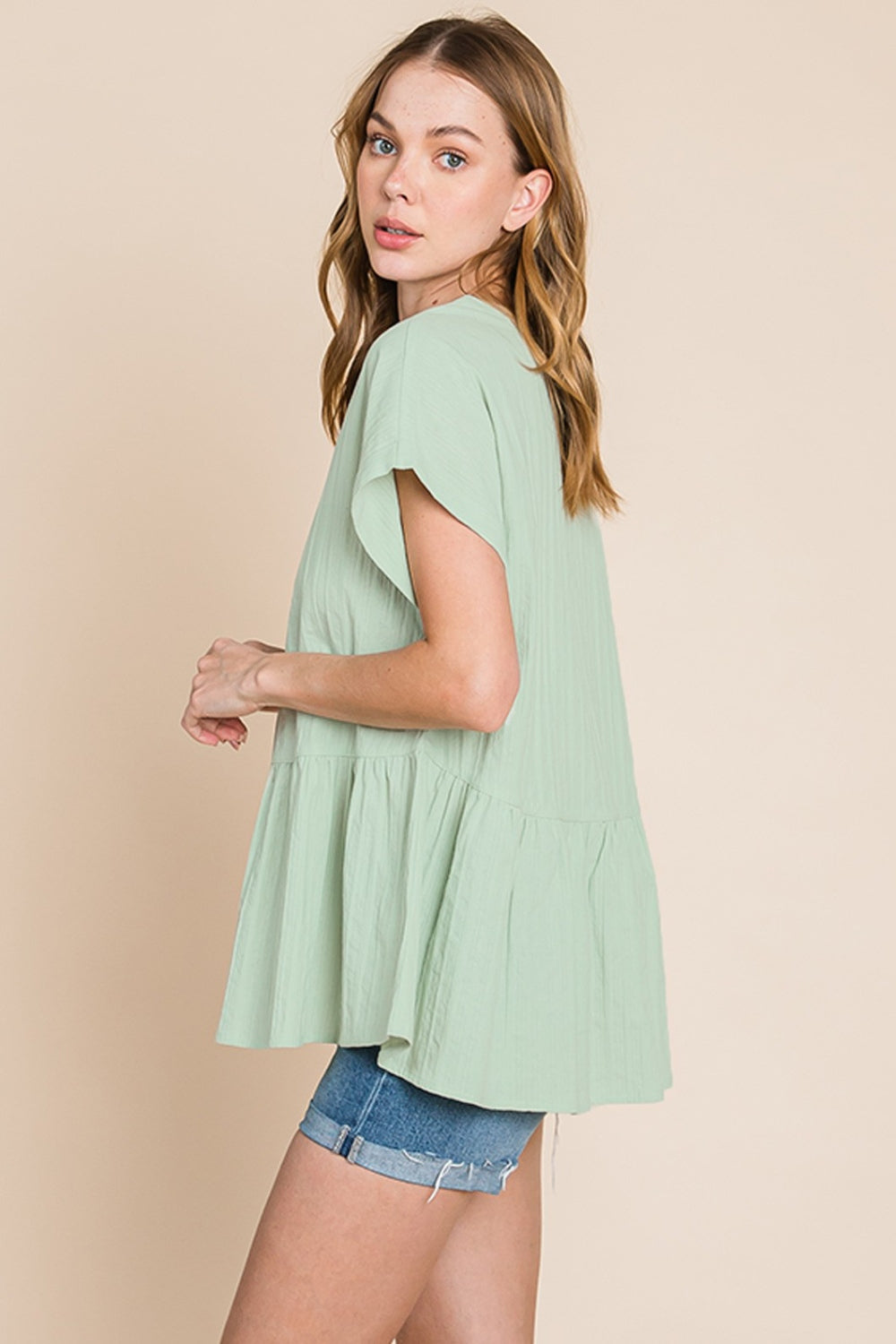 Cotton Bleu by Nu Lab Ruched Notched Short Sleeve Blouse - Charming Charlie