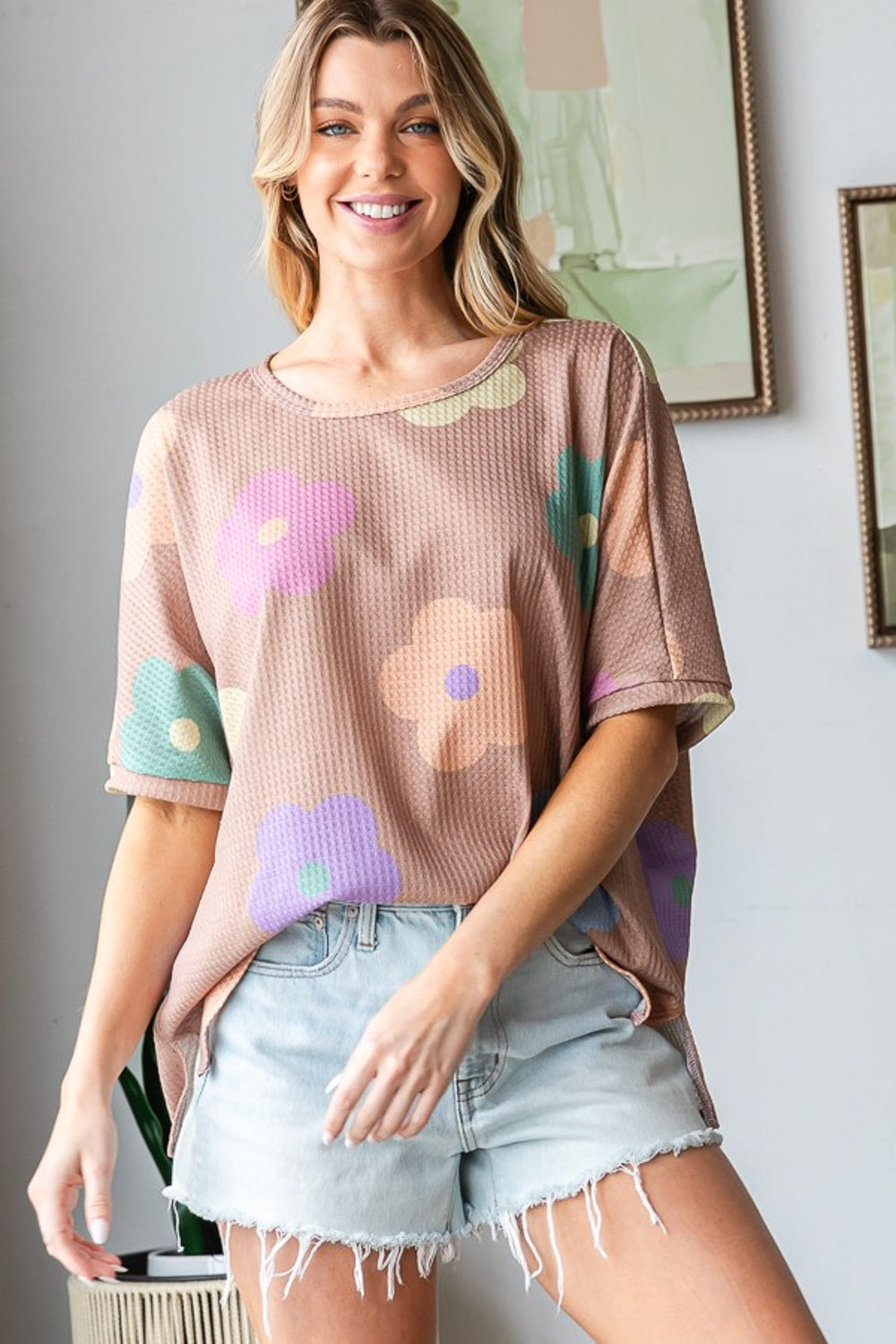 HOPELY Full Size Floral Round Neck Side Slit Waffle T-Shirt - Charming Charlie