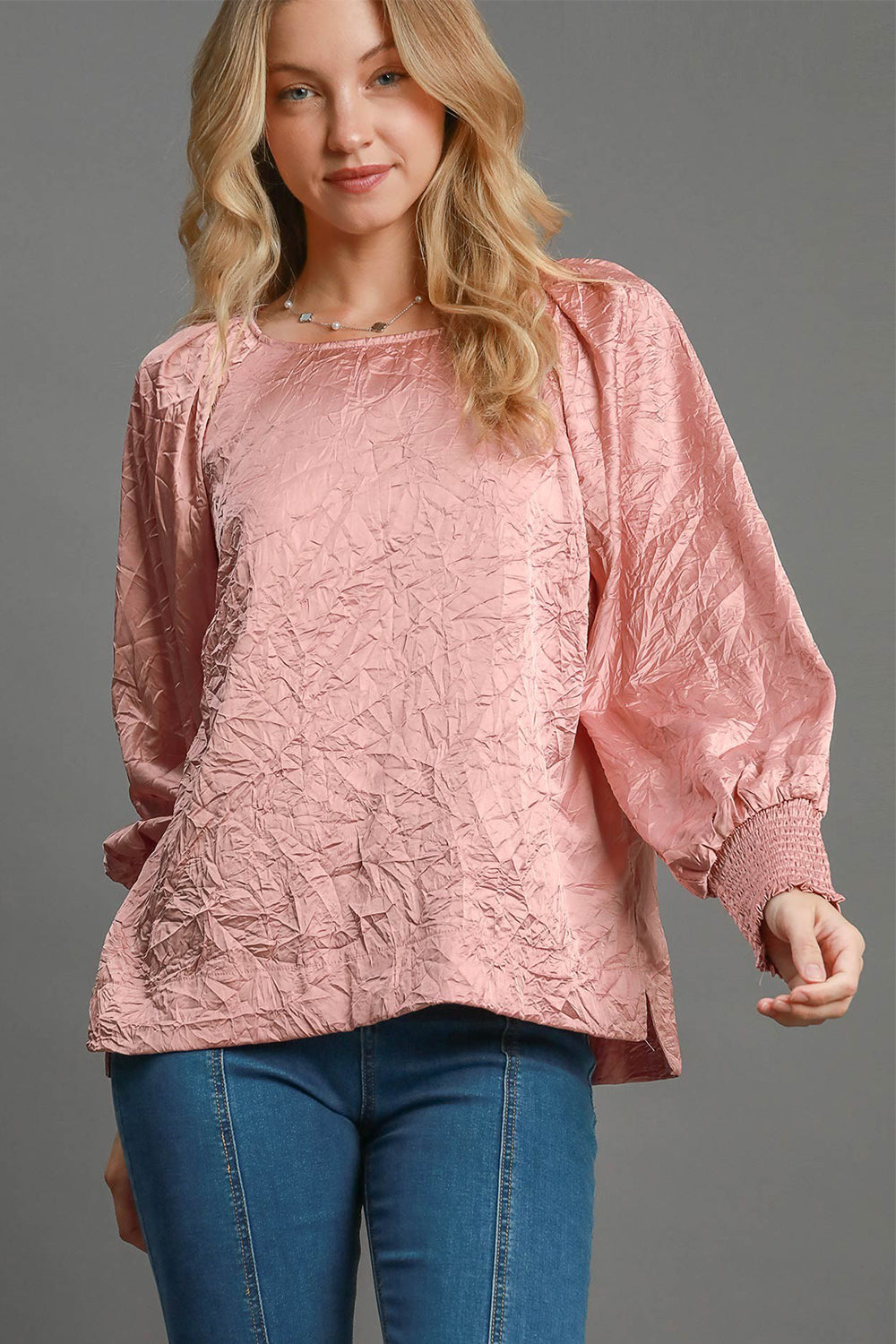 Umgee Wrinkled Round Neck Lantern Sleeve Blouse - Charming Charlie