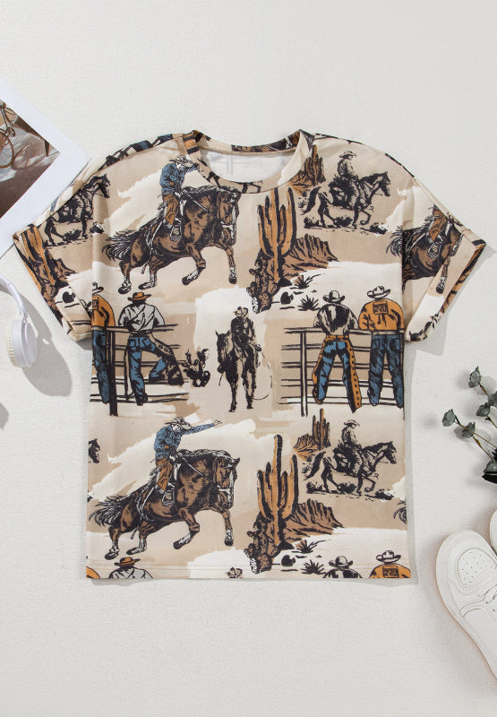 Cowboy Print Round Neck Short Sleeve T Shirt - Charming Charlie