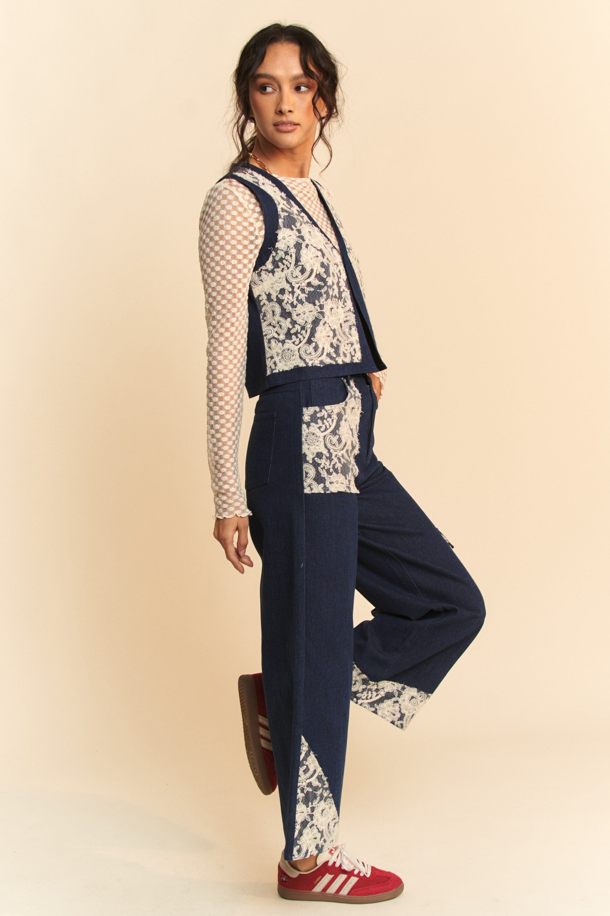 Davi & Dani Lace Patch Open Front Denim Vest - Charming Charlie