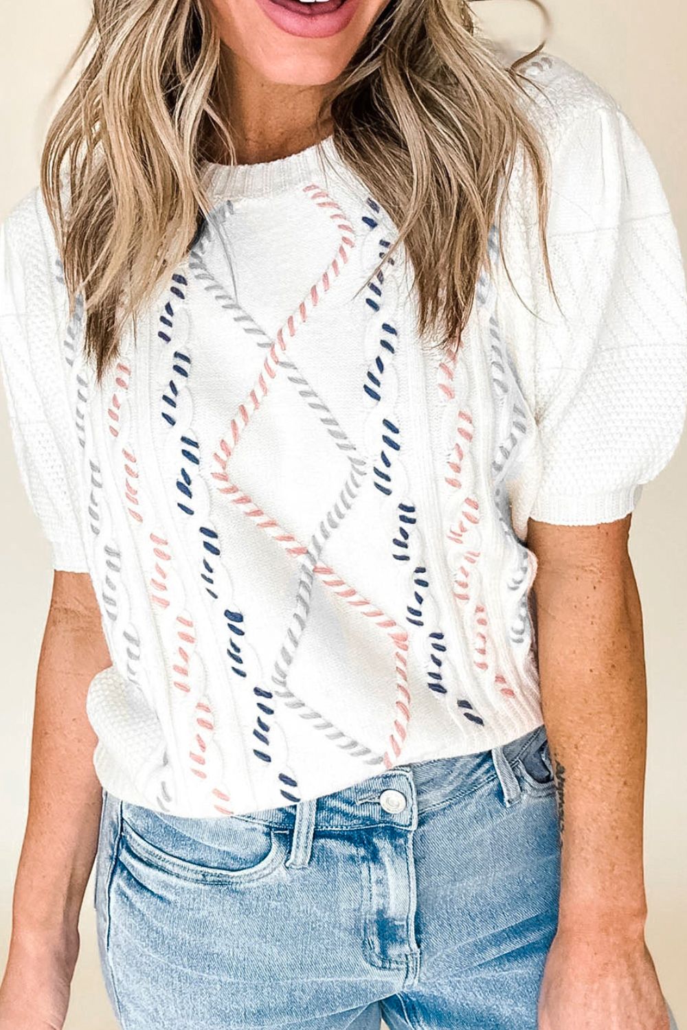 Cable Knit Round Neck Half Sleeve Sweater - Charming Charlie