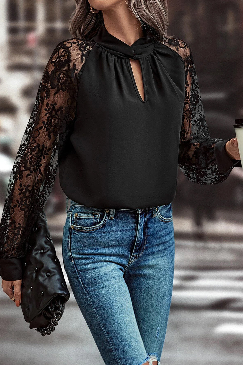 Cutout Lace Detail Long Sleeve Blouse - Charming Charlie