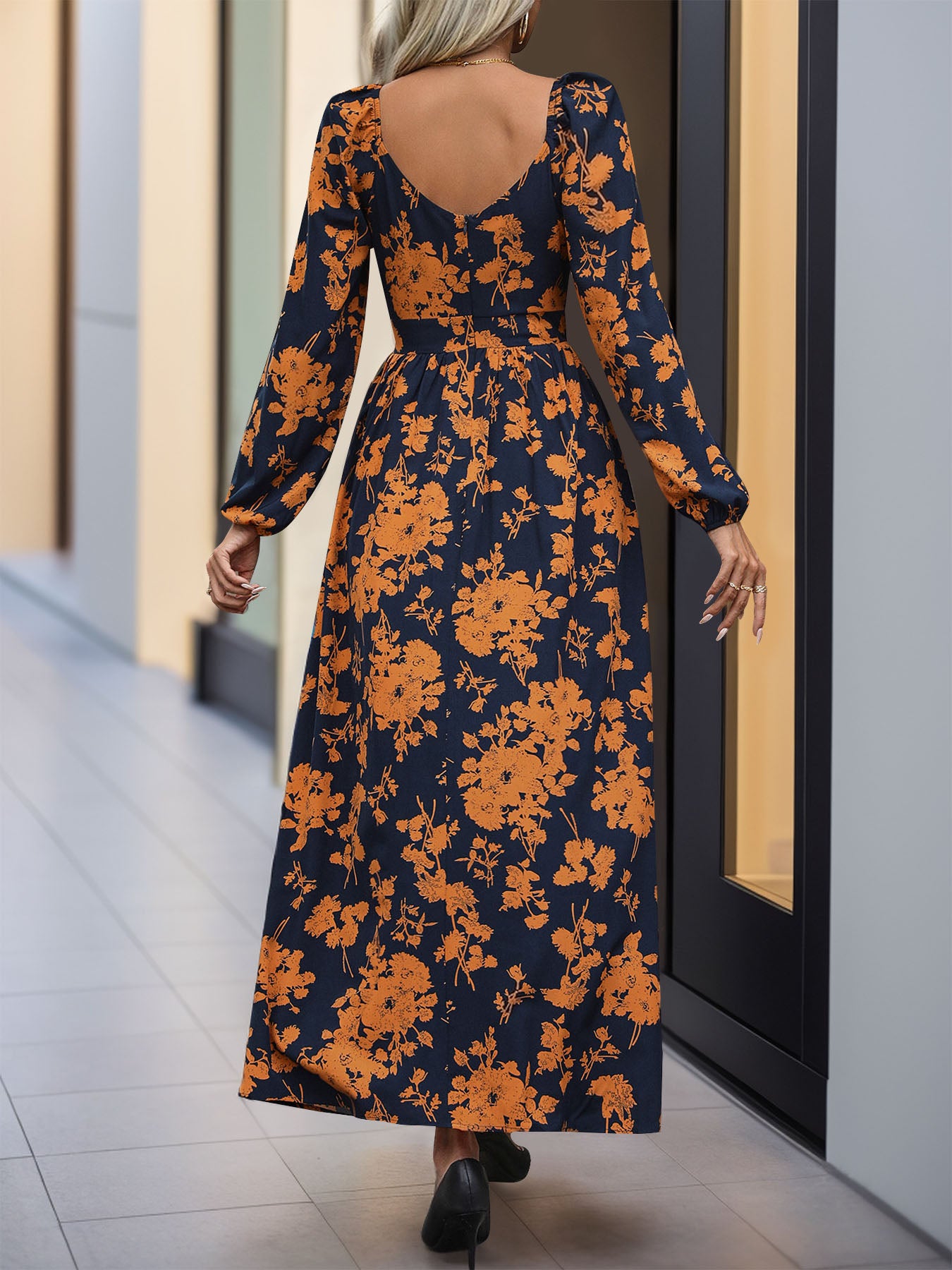 Split Printed Surplice Long Sleeve Midi Dress - Charming Charlie