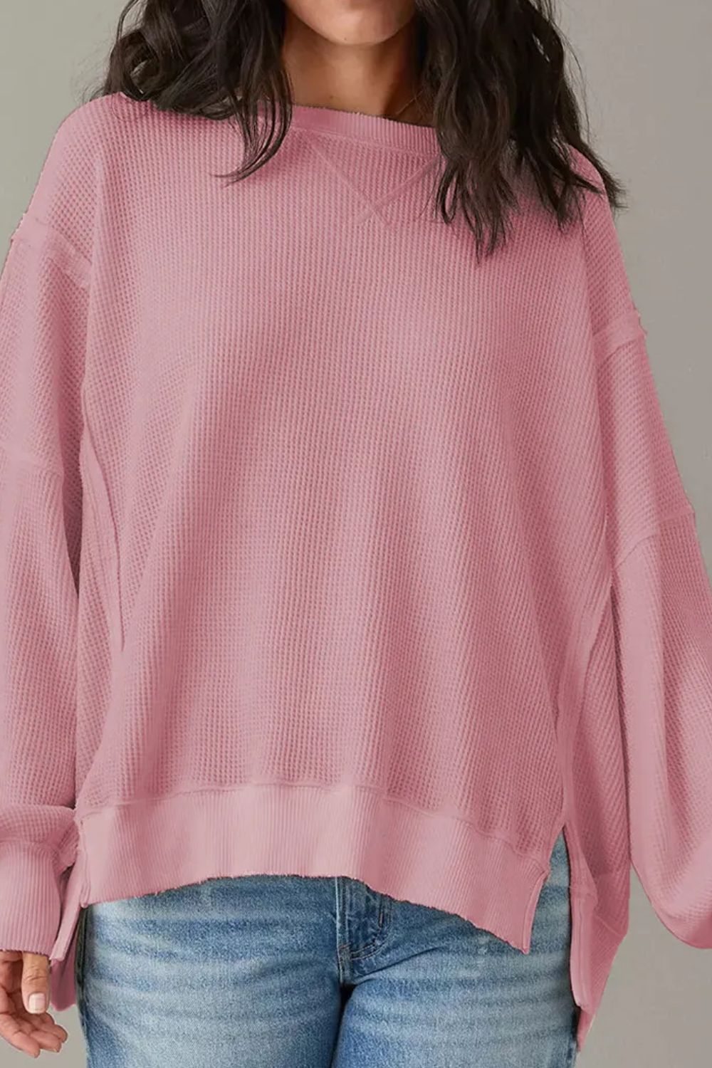 Slit Waffle-Knit Round Neck Long Sleeve Top - Charming Charlie