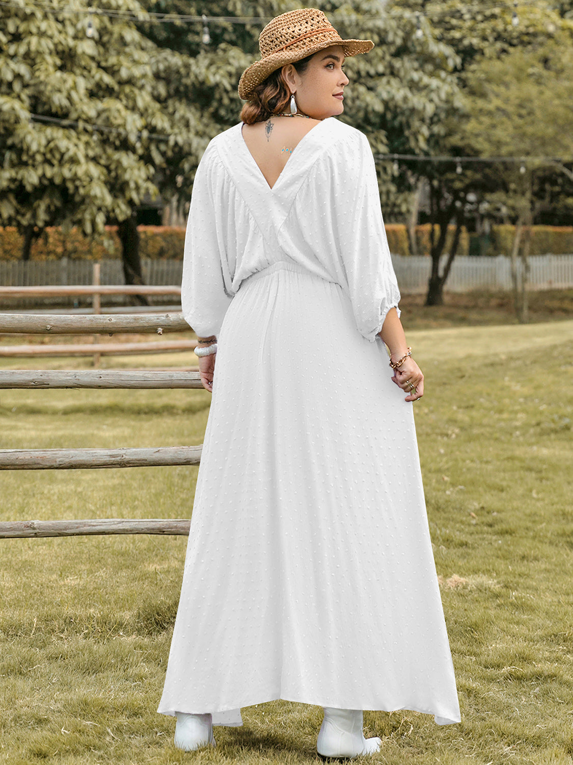 Plus Size Swiss Dot V-Neck Three-Quarter Sleeve Dress - Charming Charlie