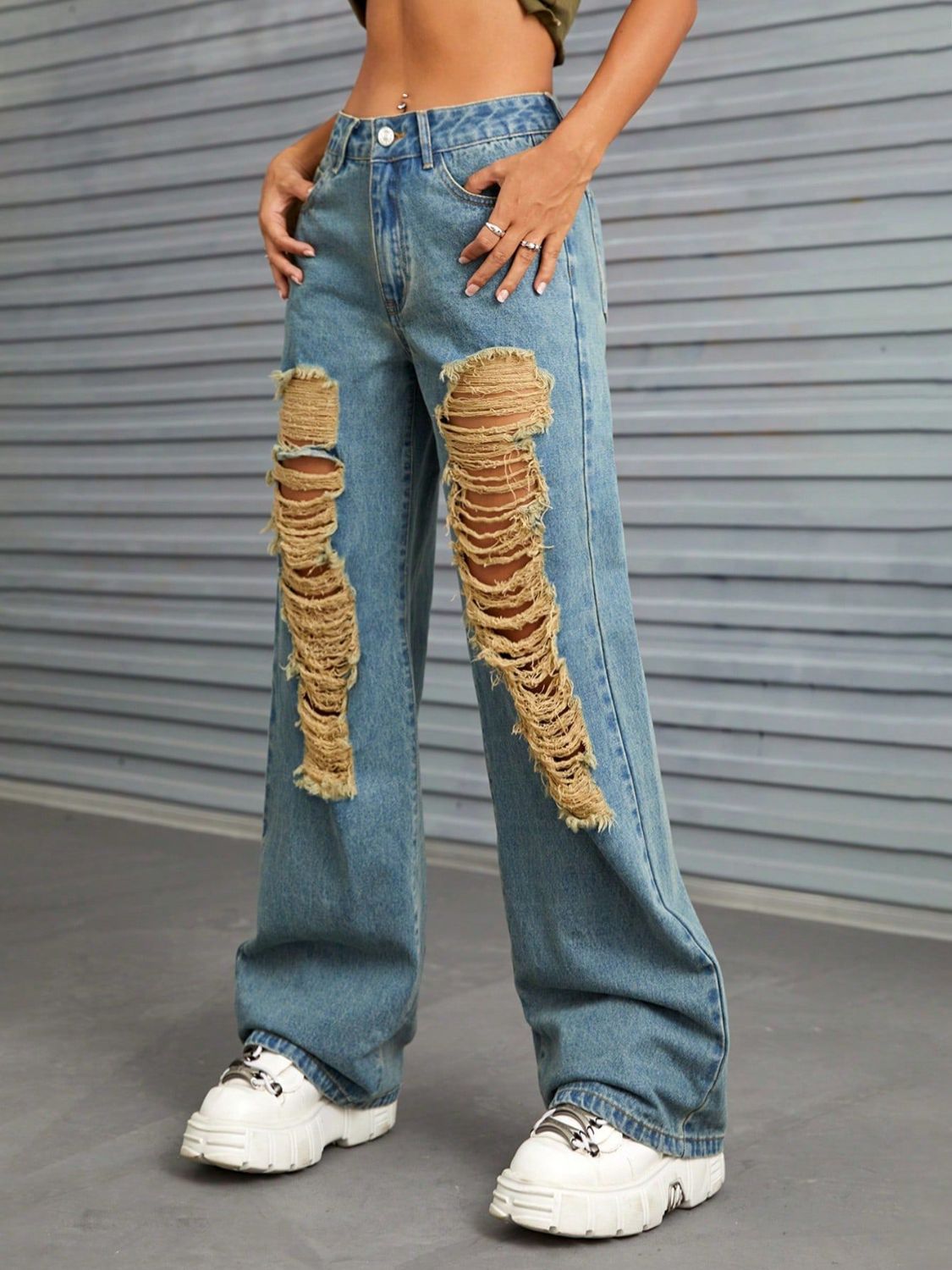 Distressed Wide Leg Jeans with Pockets - Charming Charlie
