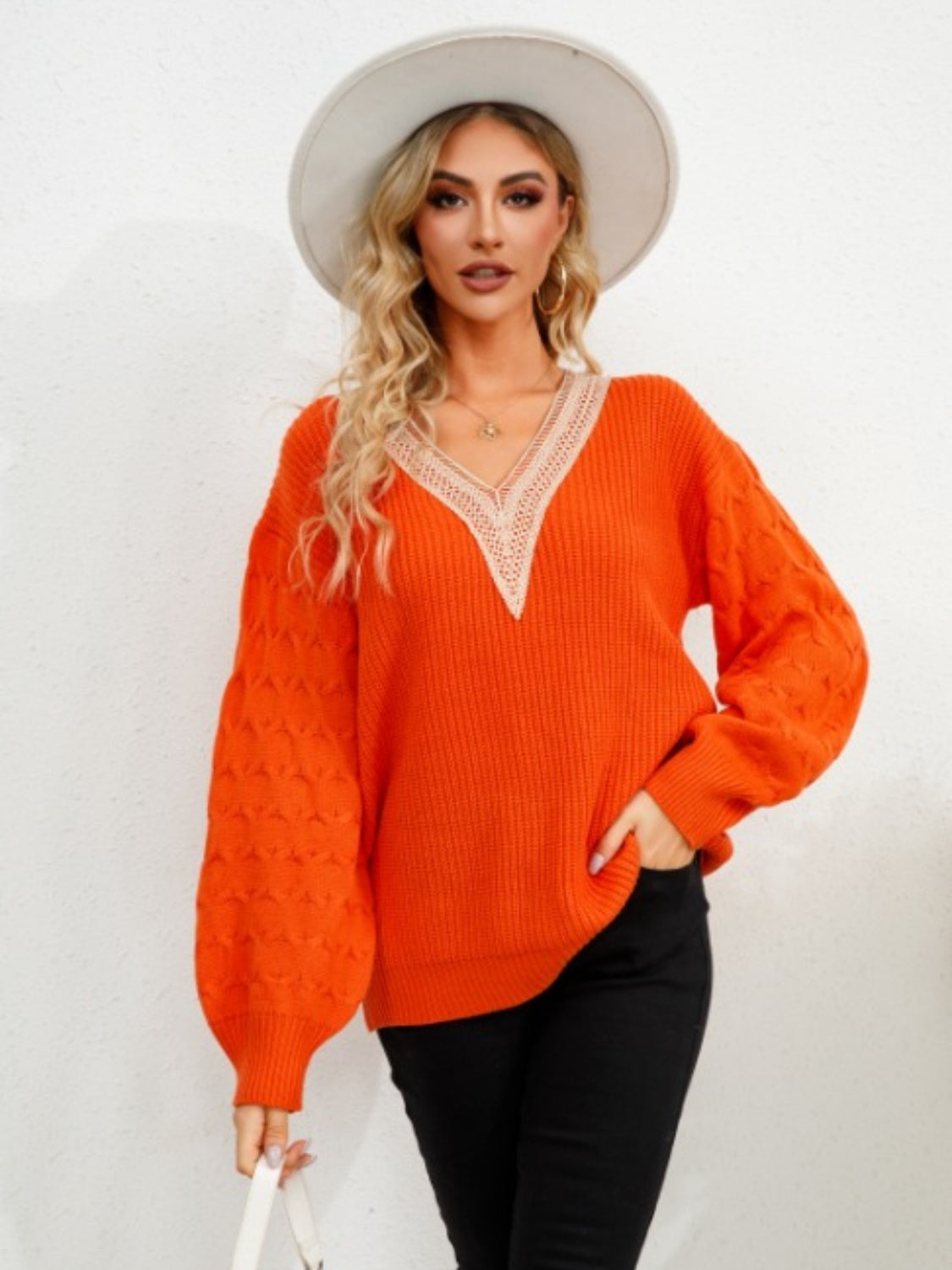 V-Neck Dropped Shoulder Long Sleeve Sweater - Charming Charlie