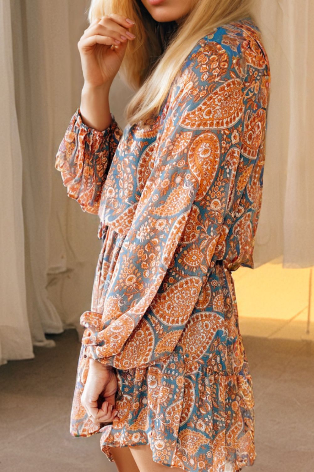 Ruffle Hem Printed Long Sleeve Dress - Charming Charlie