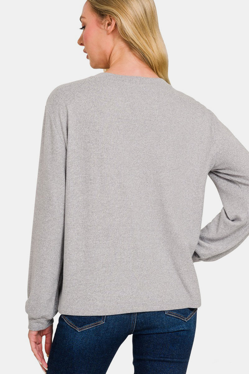 Zenana Hacci Round Neck Long Sleeve T-Shirt - Charming Charlie