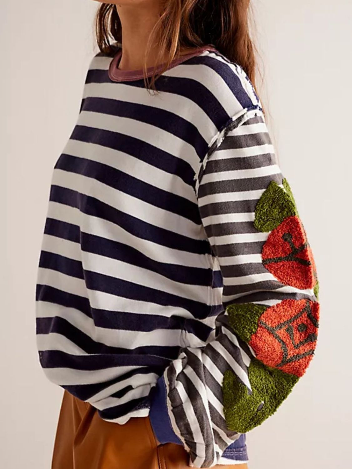 Striped Round Neck Long Sleeve Sweatshirt - Charming Charlie