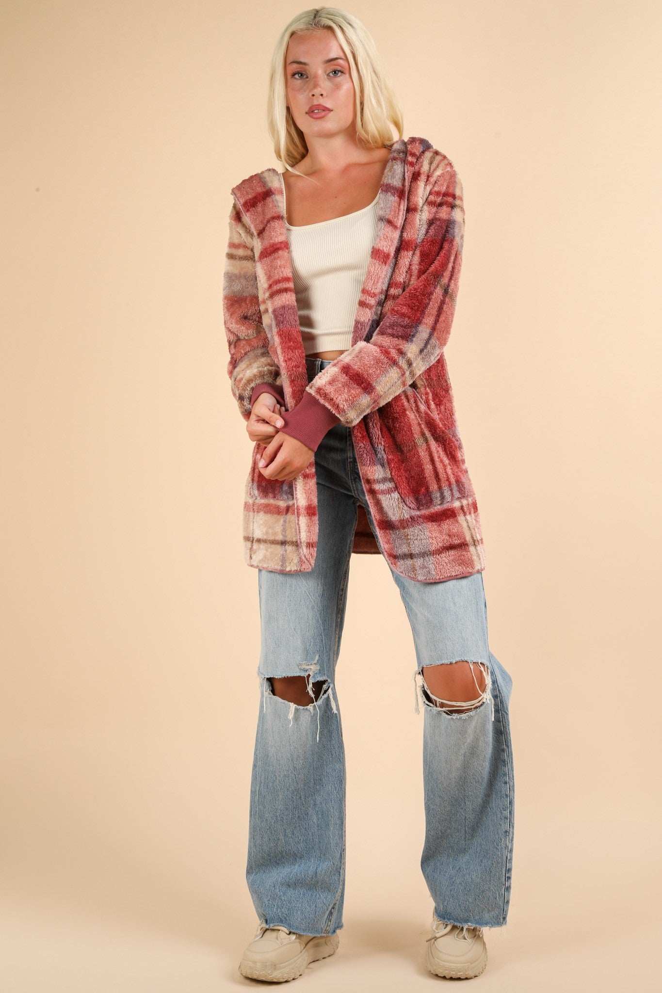 VERY J Fuzzy Plaid Long Sleeve Hooded Jacket - Charming Charlie