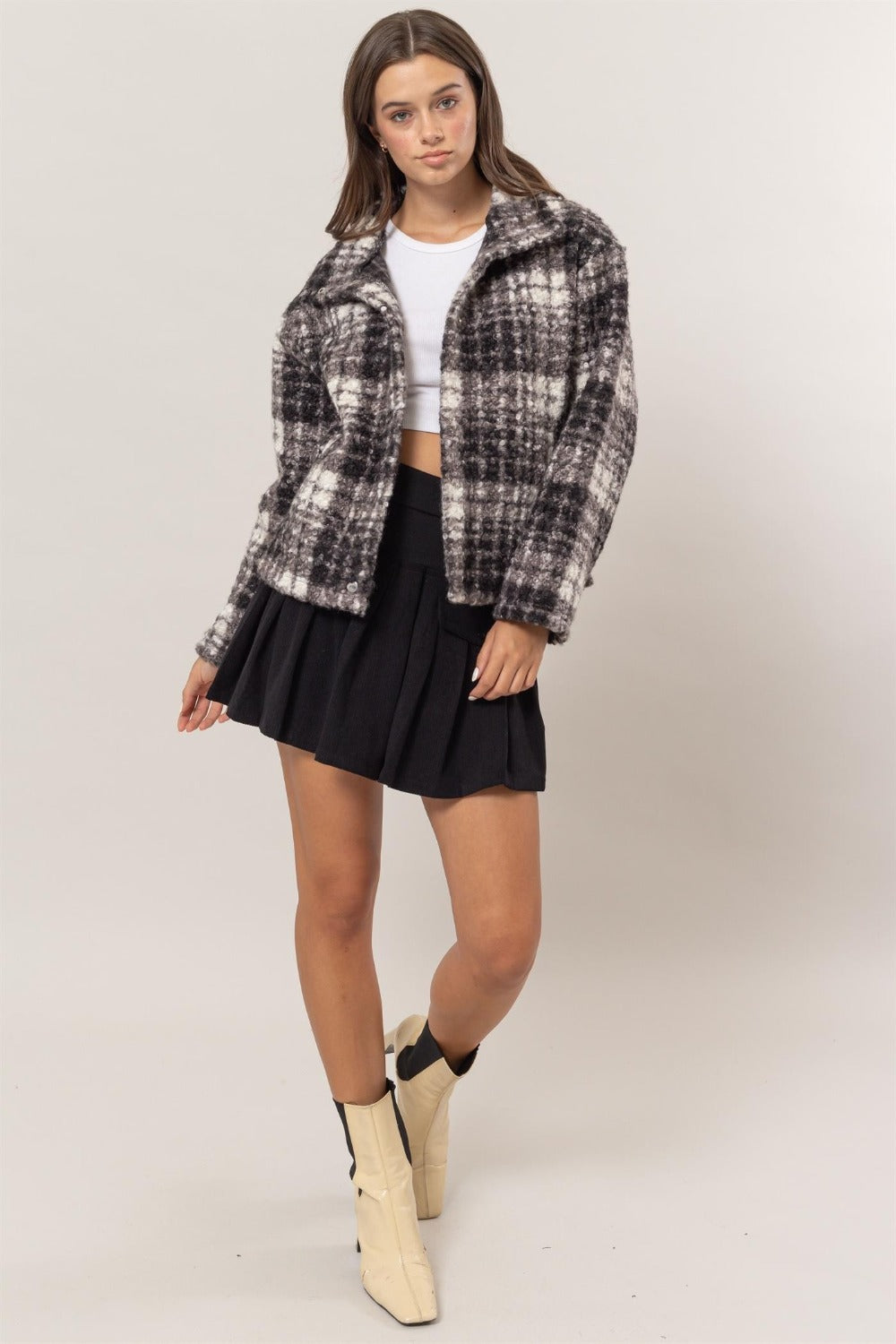 HYFVE Plaid Collared Neck Boucle Jacket with Pockets - Charming Charlie