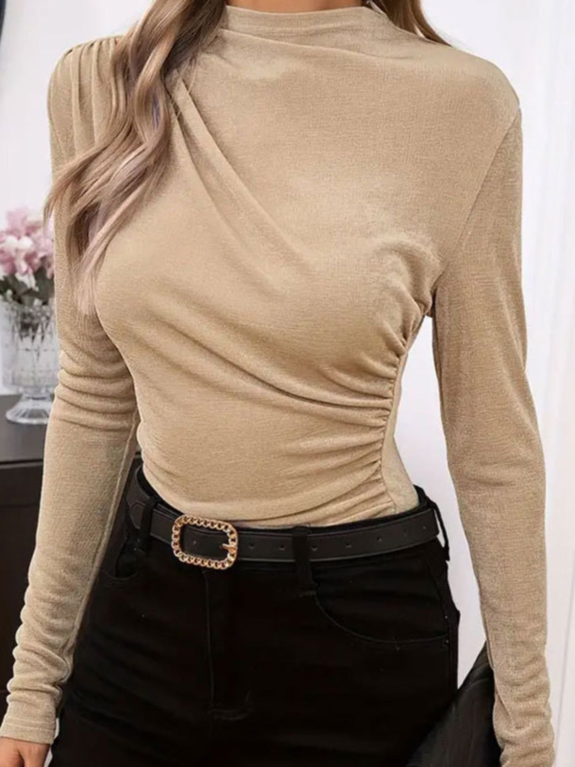 Ruched Mock Neck Long Sleeve T-Shirt - Charming Charlie