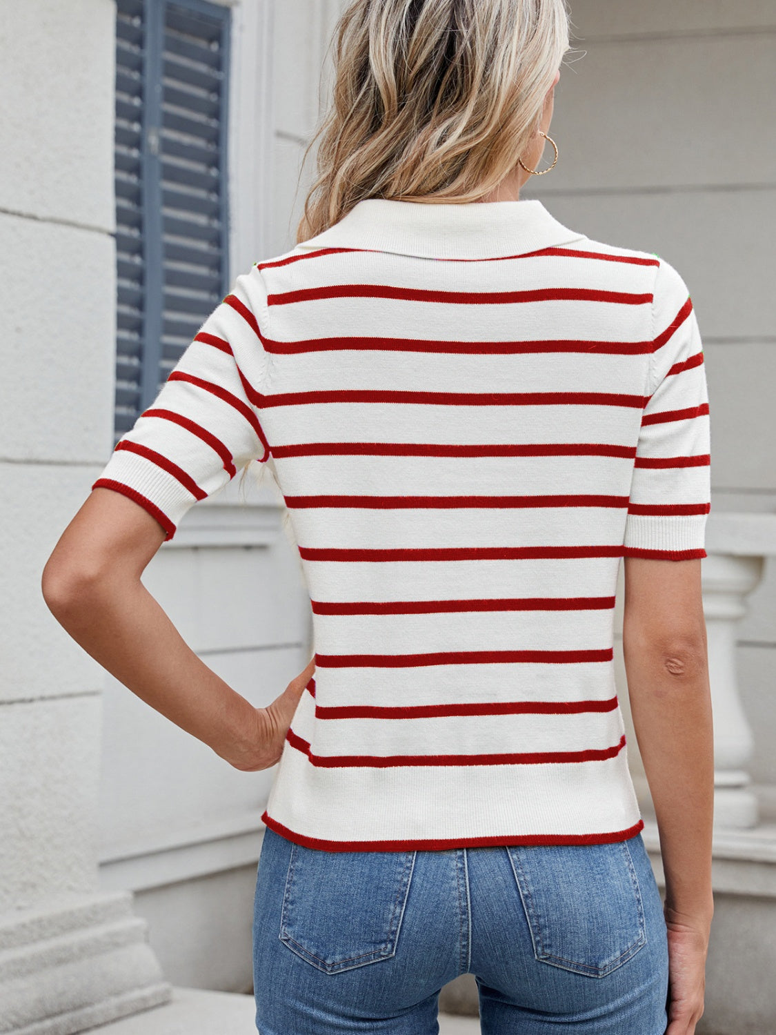 Striped Johnny Collar Short Sleeve Sweater - Charming Charlie